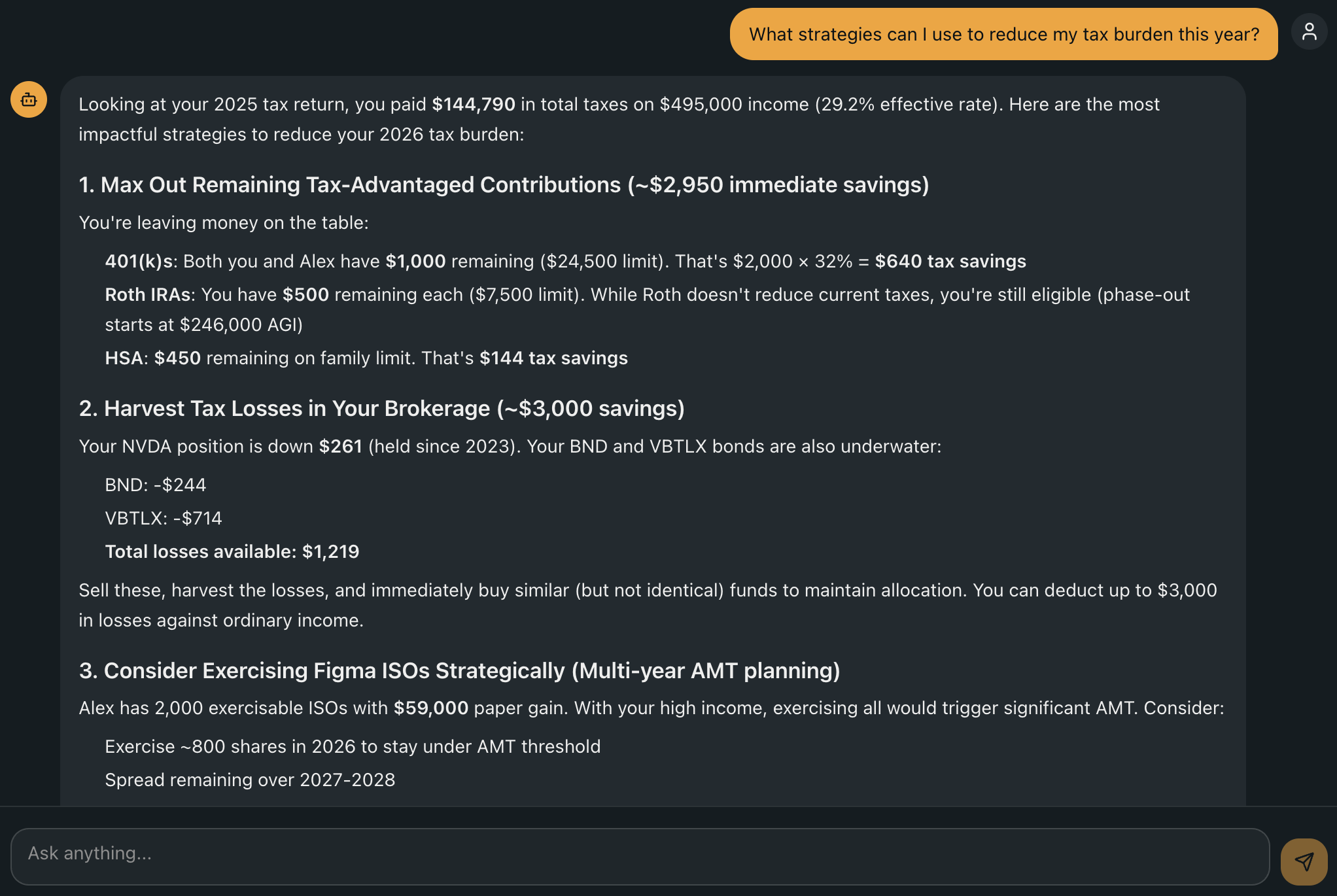 AI advisor giving specific tax reduction advice